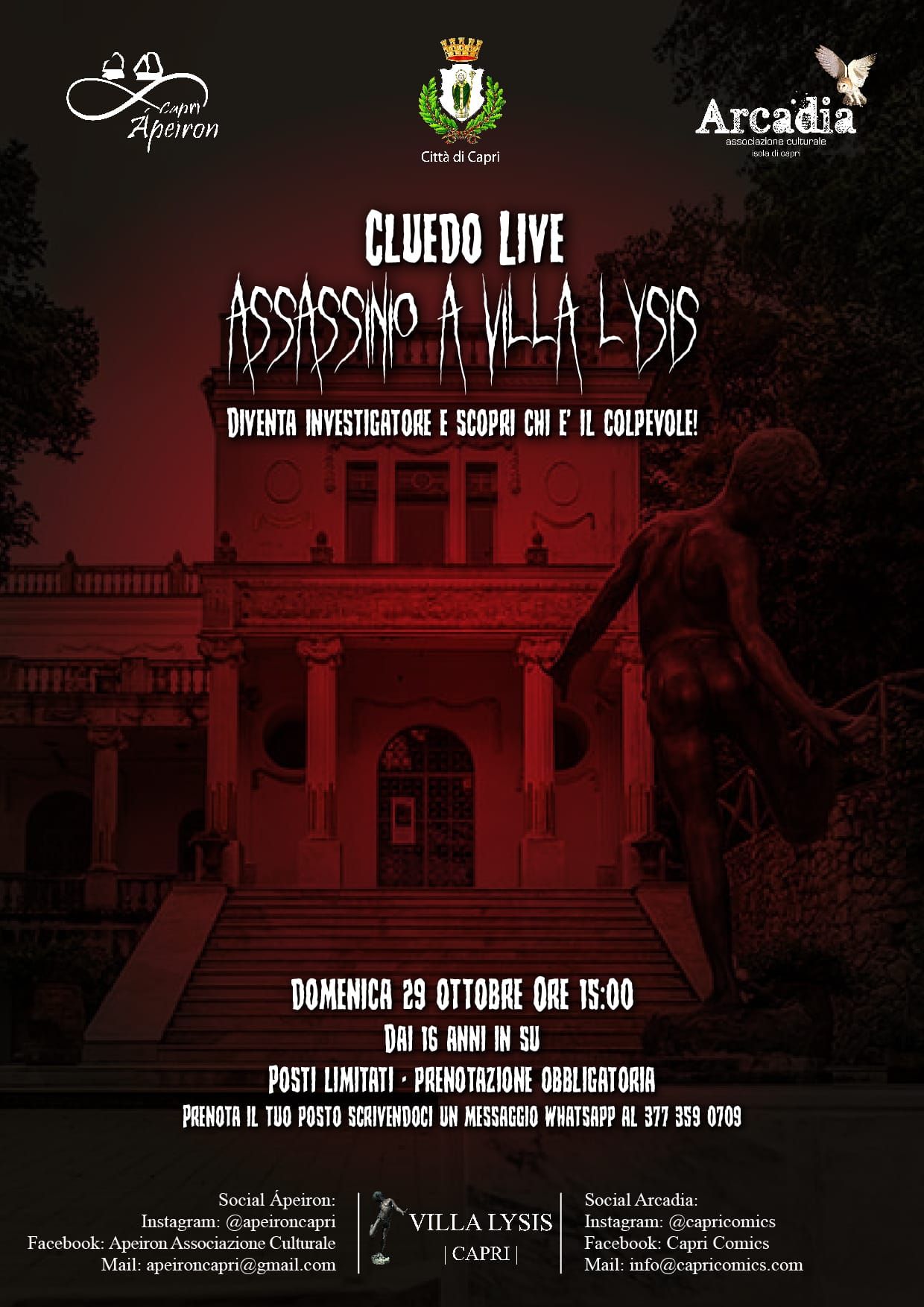 “Cluedo Live – Assassinio a Villa Lysis”, evento di natura ludico-culturale alla ricerca del colpevole