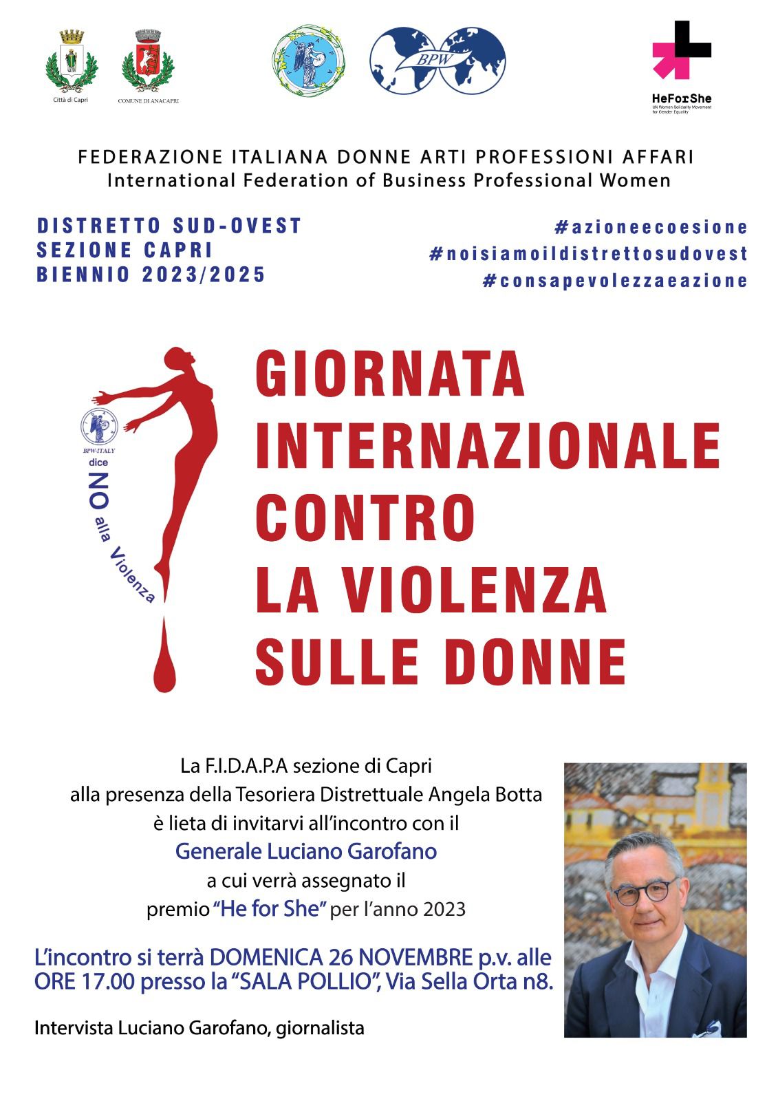 Giornata contro la violenza sulla donna: evento Fidapa a Capri con il generale Garofano