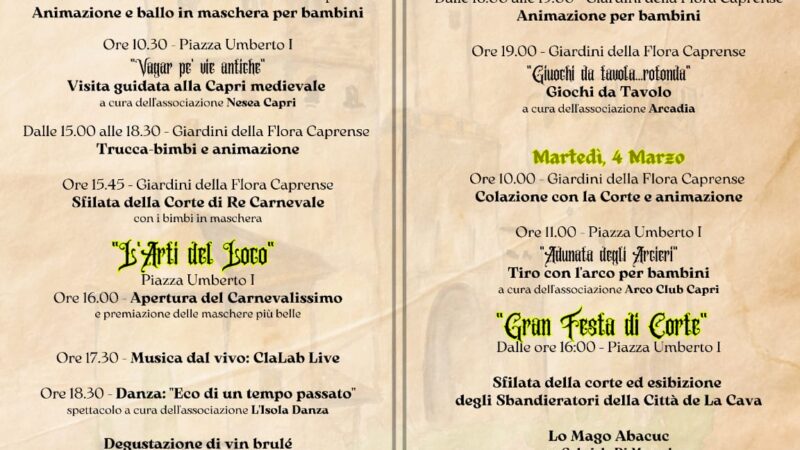 Al via il Carnevalissimo a Capri “The kingdom”: nella prima giornata i giochi gonfiabili in piazza e la caccia al tesoro