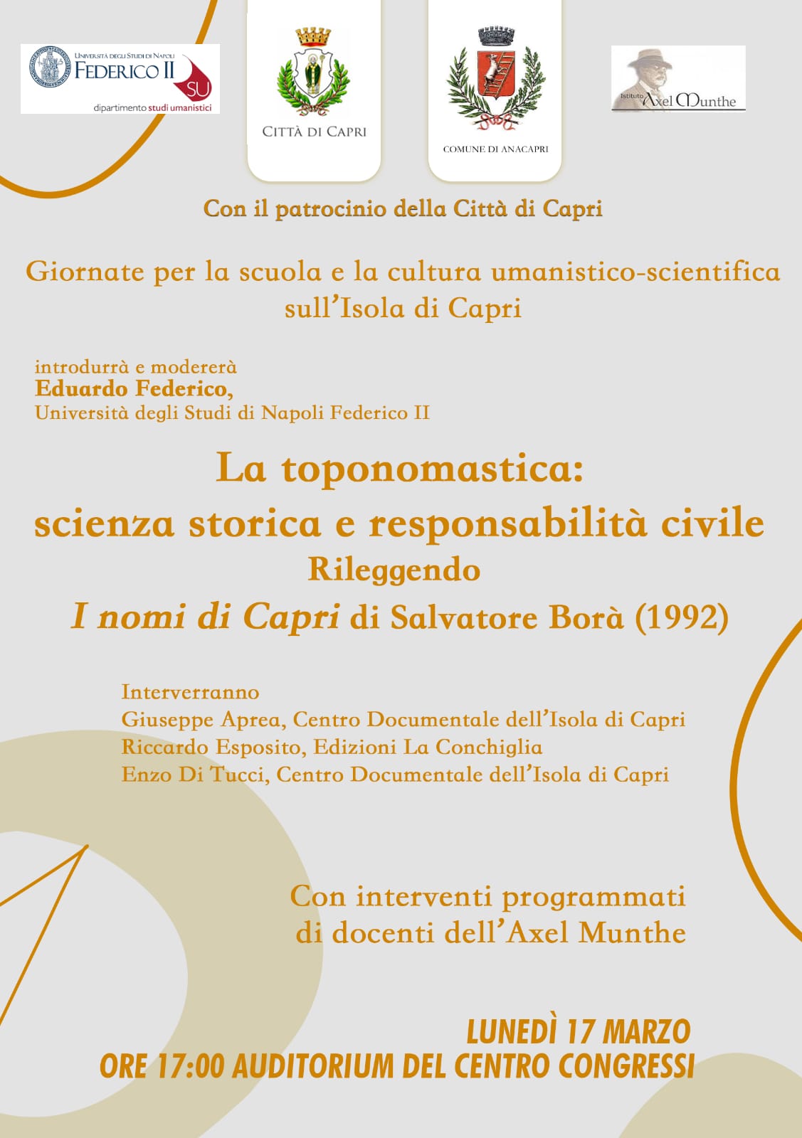 Incontro sul tema “La toponomastica: scienza storica e responsabilità civile. Rileggendo ‘I nomi di Capri’ di Salvatore Borà”