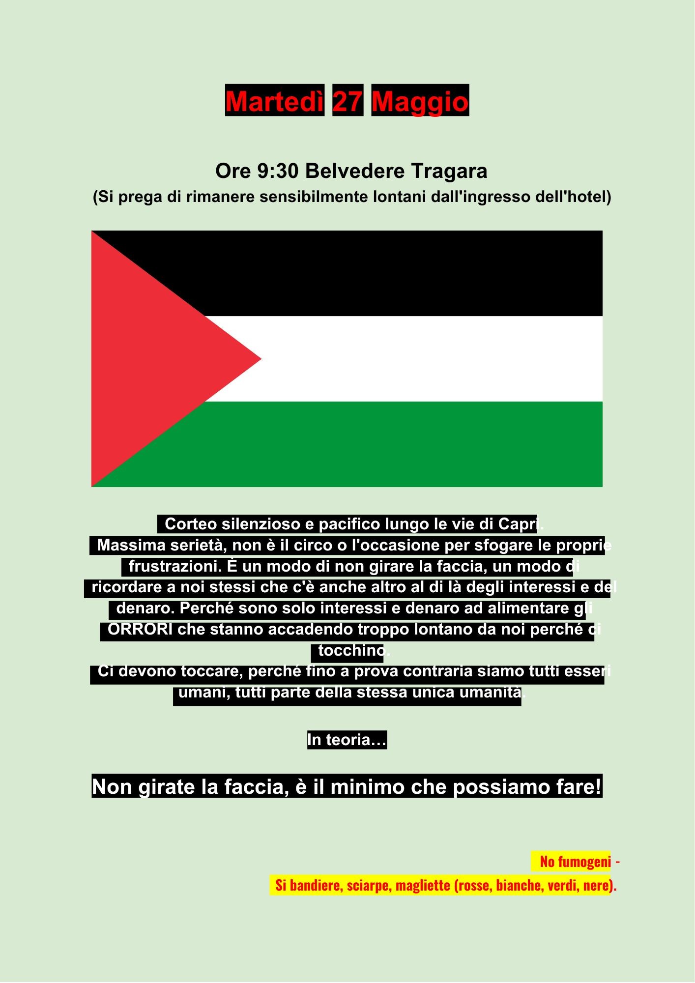 Martedì a Capri raduno e corteo in segno di solidarietà verso il popolo palestinese