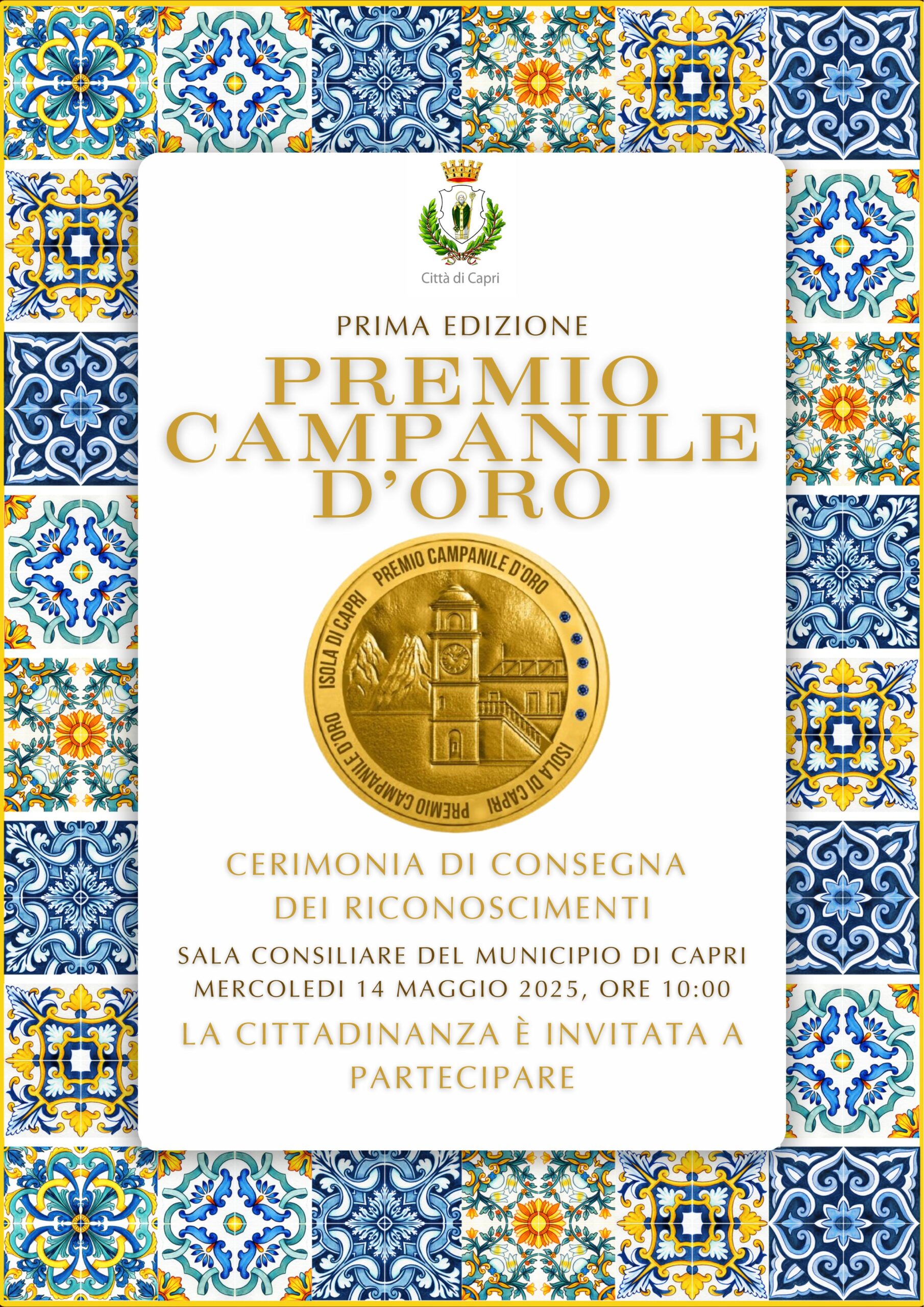 Il 14 maggio in Municipio la cerimonia di consegna del premio Campanile d’Oro Isola di Capri
