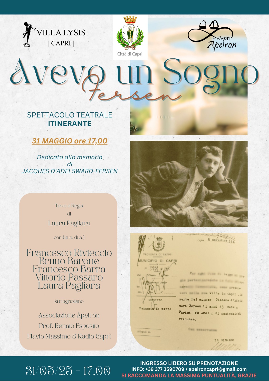 “Avevo un sogno – Fersen”: spettacolo teatrale itinerante a Villa Lysis