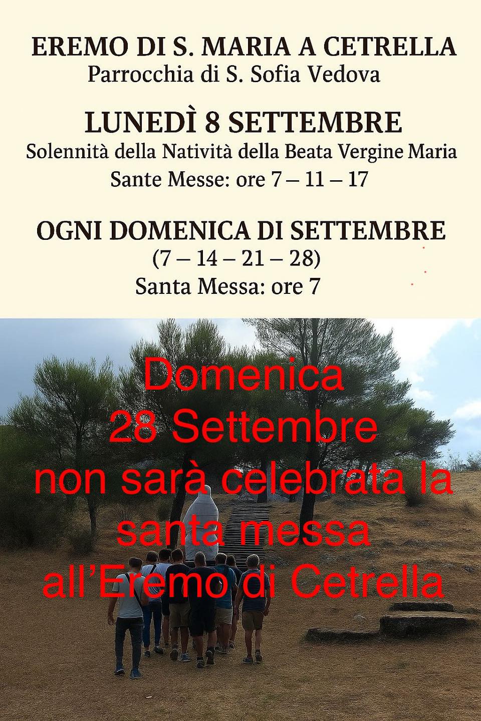 Annullata la santa messa all’eremo di Cetrella: comunicazione della parrocchia