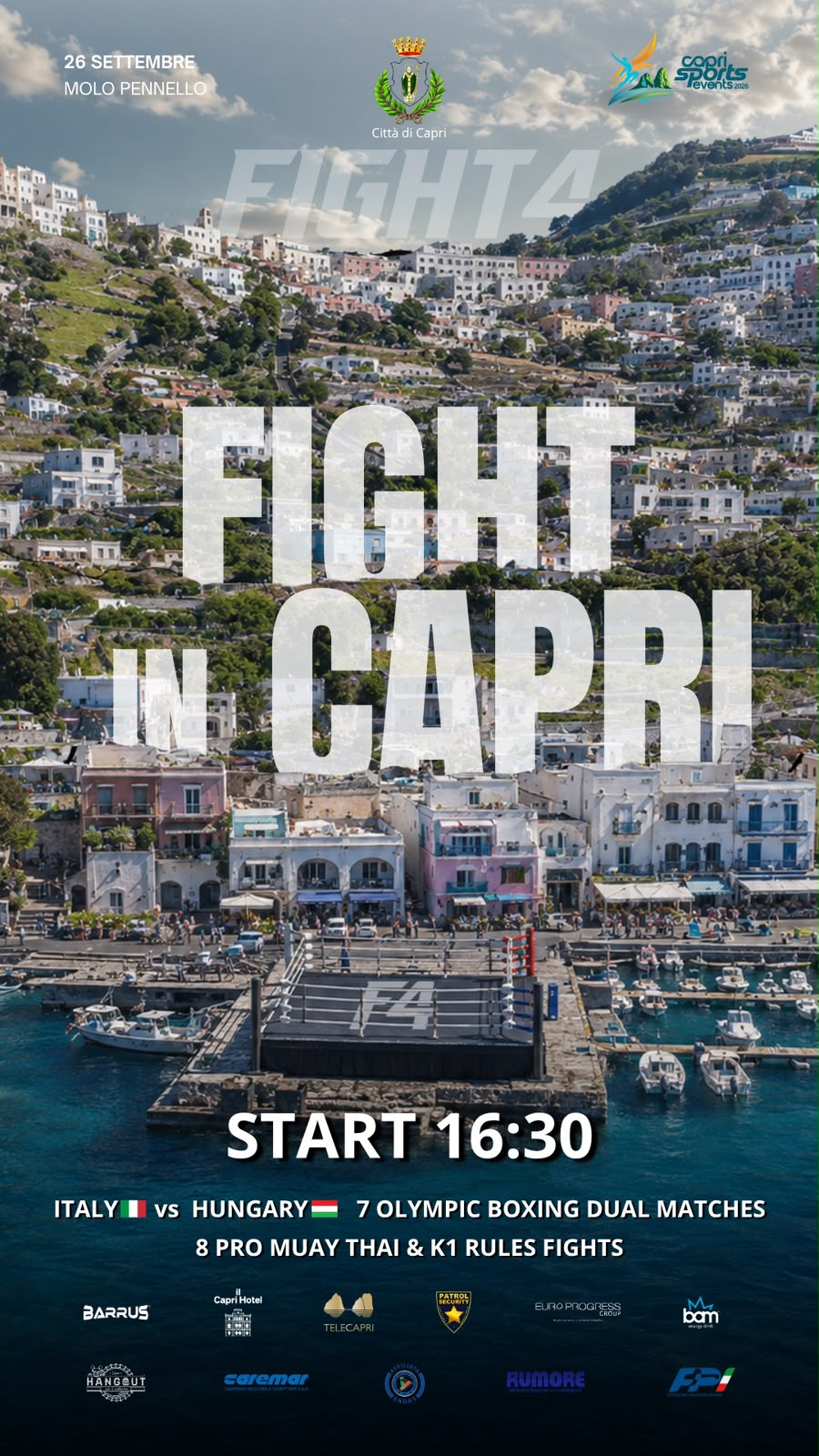 “Fight in Capri”: match di pugilato, muay thai e k1 rules al Molo Pennello. Santarpia: “Riportiamo un grande evento sull’isola”