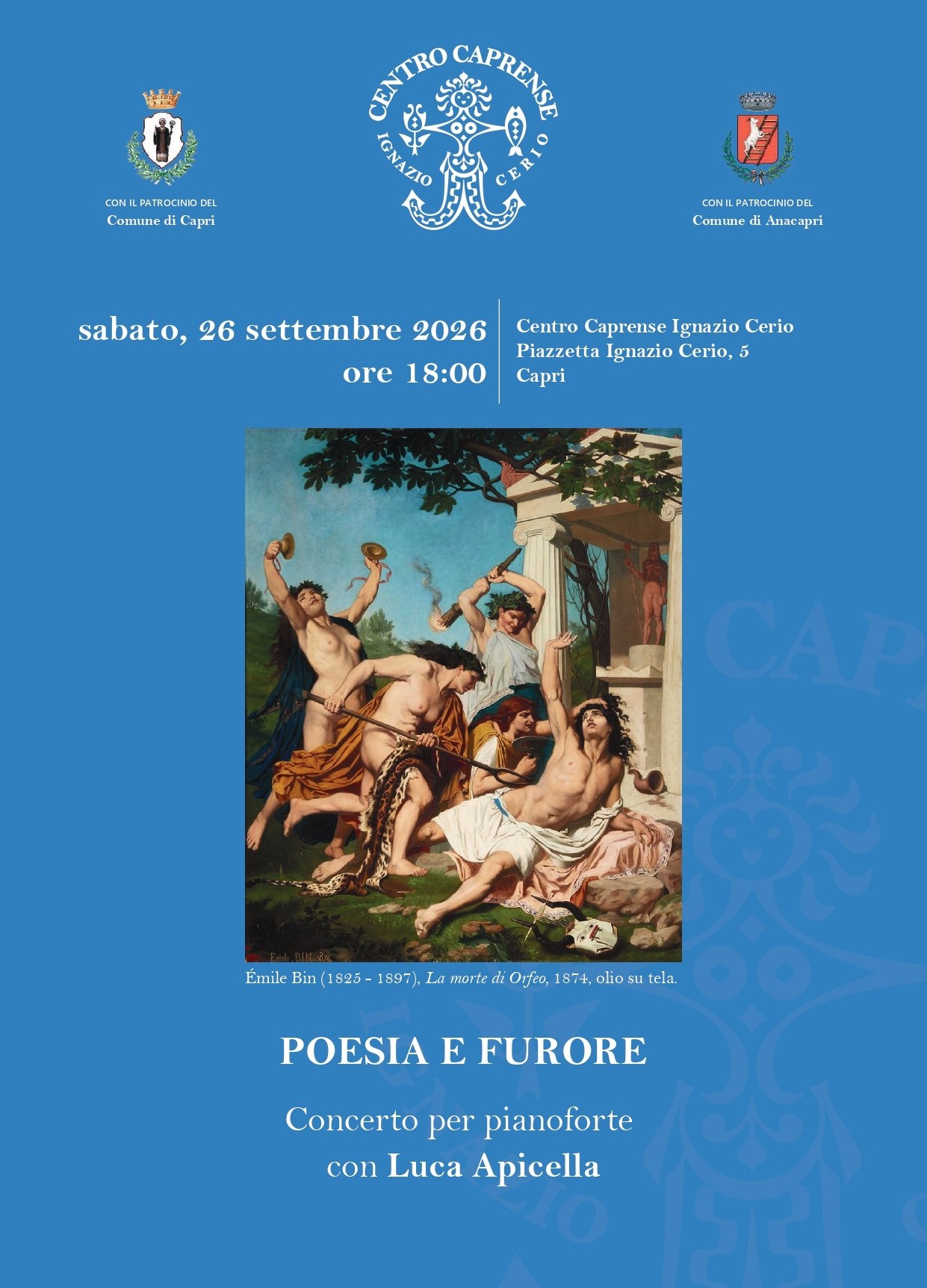 “Poesia e furore”, concerto per pianoforte con Luca Apicella al Centro Caprense Ignazio Cerio