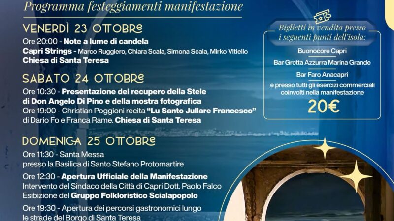 Il programma di “Santa Teresa – Borgo in Festa”: tre giorni a Capri fra tradizioni e solidarietà